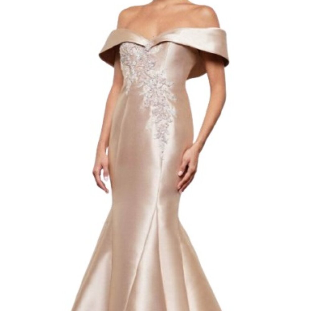 Rina diMontella Off-Shoulder Champagne Satin Mermaid Gown